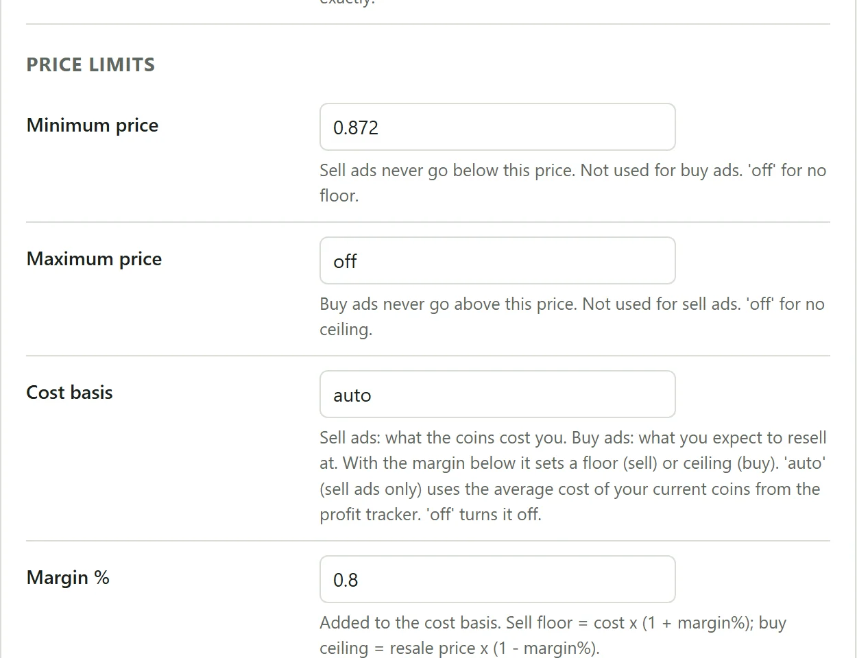 Price limits for a sell ad: minimum price 0.872, cost basis set to auto, margin 0.8 percent.